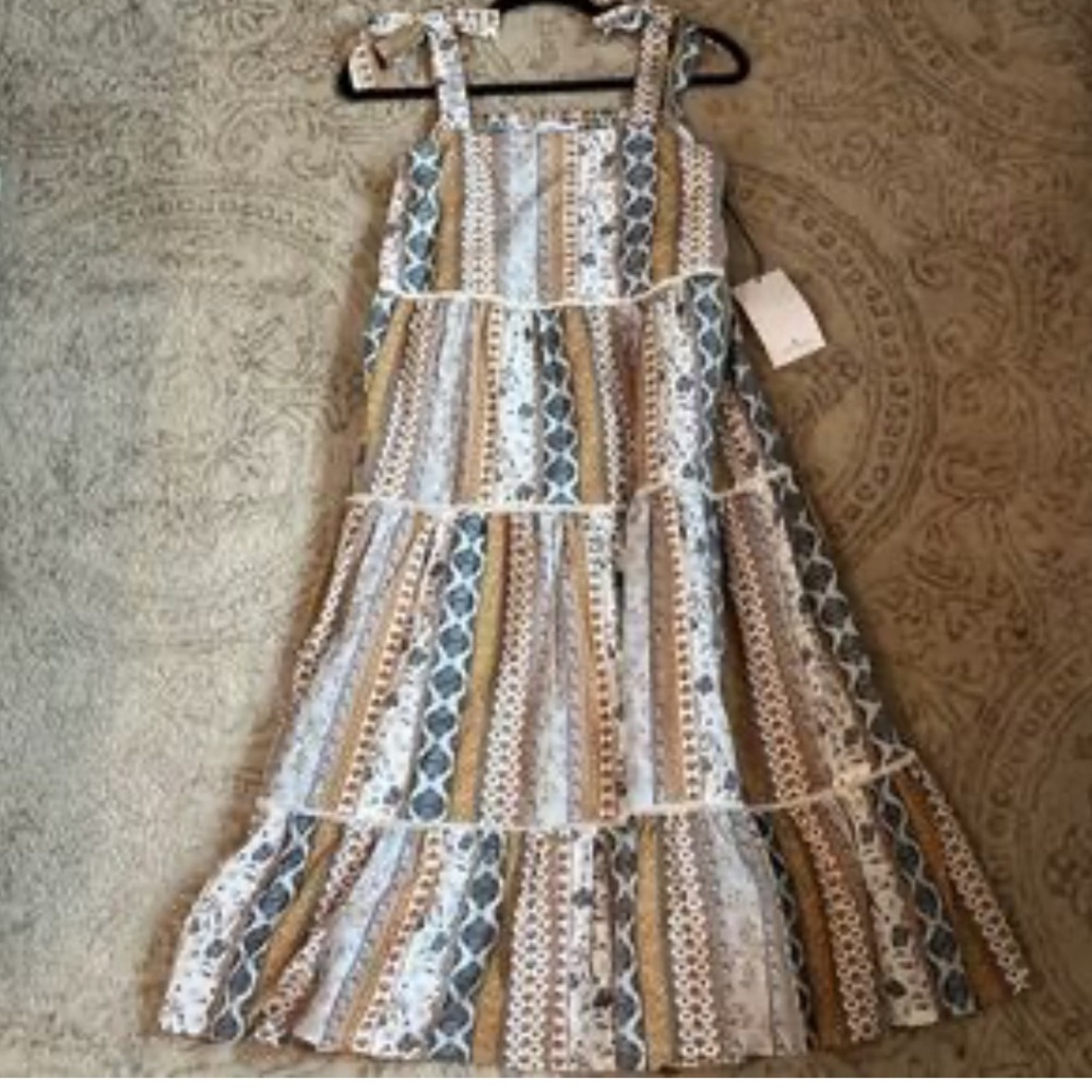 New Lucky Brand Shoulder Tie Tiered Dobby Midi Dress - Picture 15 of 16